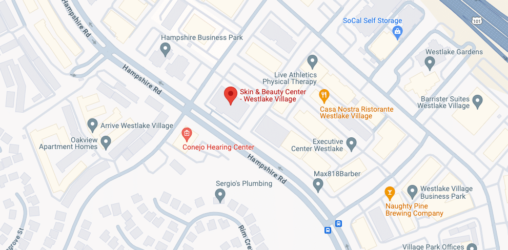 Street map of Hampshire Road in Westlake Village with a red pin on Skin & Beauty Center - Westlake Village